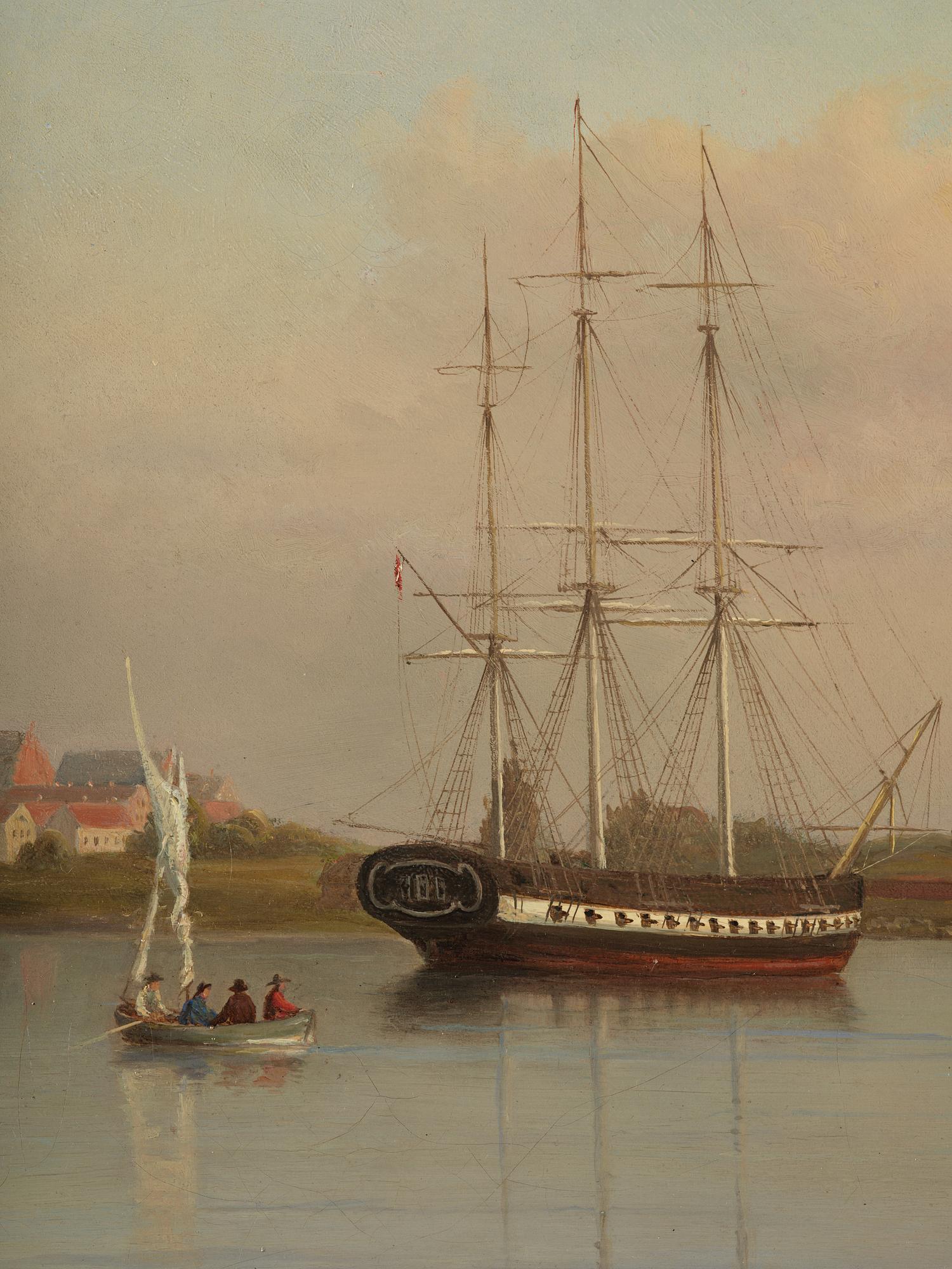 Ehrnfried Wahlqvist Warship at anchor in calm waters by Kronborg Castle.