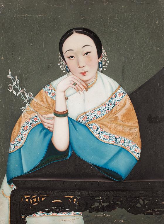 An oil painting of a lady holding an orchid, Qing dynasty, 19th Century.