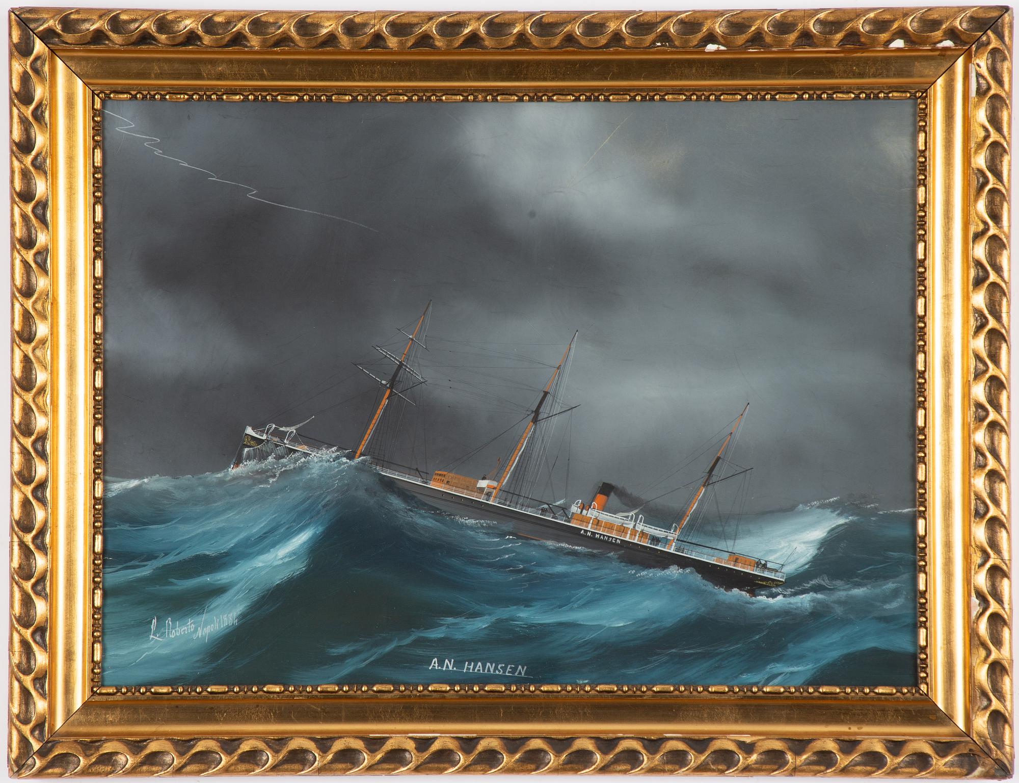 Luigi Roberto, "S/S A N Hansen" in a thunderstorm and heavy seas.