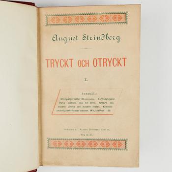 BOK, 3+1 vol, "Tryckt och otryckt" I-III resp "Tryckt och otryckt, ny samling", av August Strindberg, Stockholm 1890-91 resp 1897.