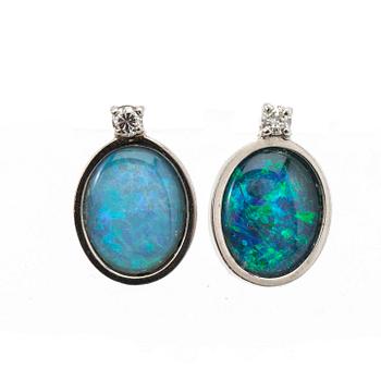 Earrings, a pair, 18K white gold with opals and brilliant-cut diamonds.