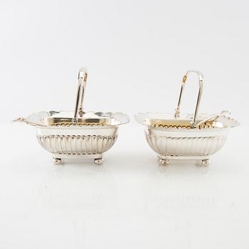Sugar bowls 2 pairs and a cream jug, silver plate and glass, first half of the 20th century.