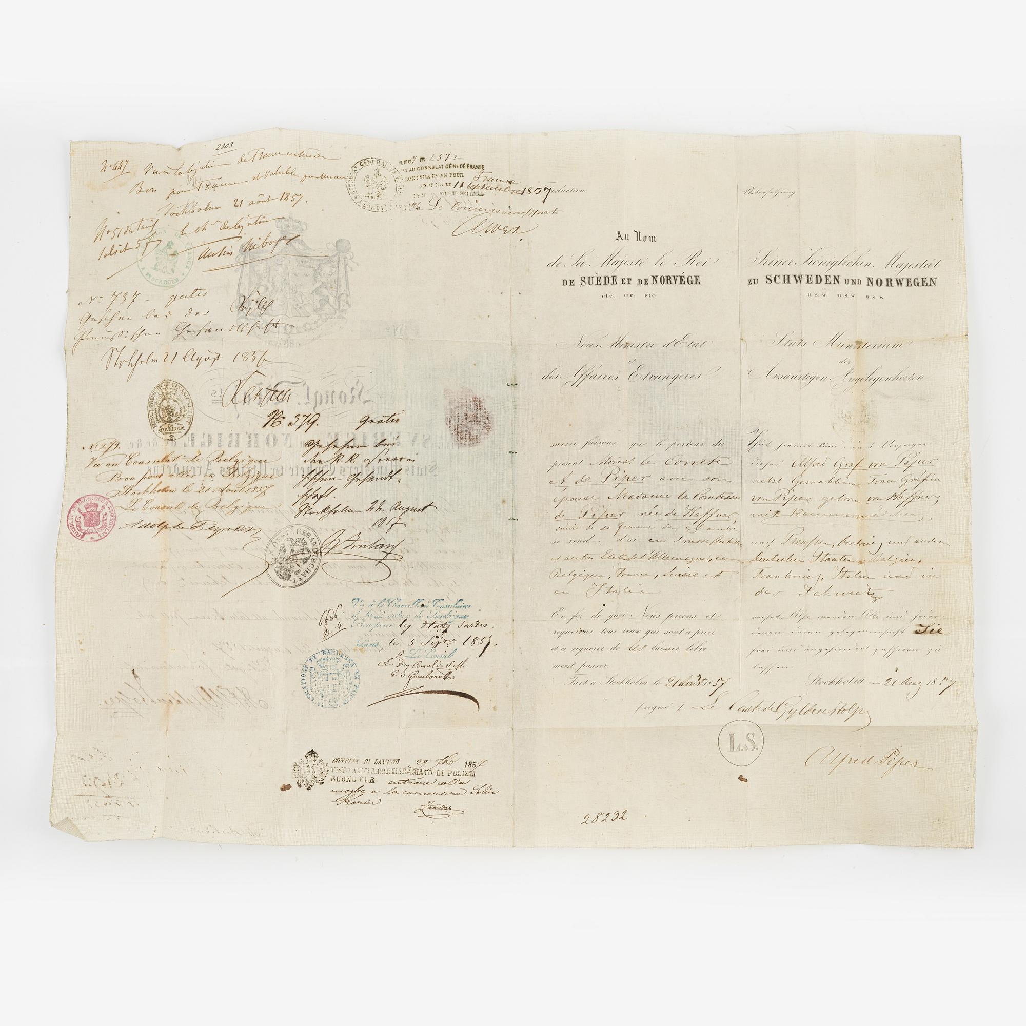 Pass, nr 221, för greve och grevinnan Piper, 1857.