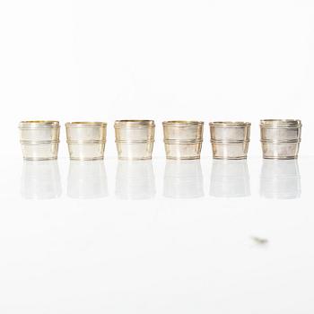 Six silver vodka cups, in the form of three detachable barrels, including mark of CF Carlman, Stockholm 1924.