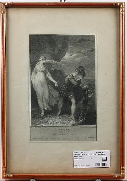 GRAVYRER, 2 st, efter R. Smirke resp W. Hamilton, England 1800-tal.