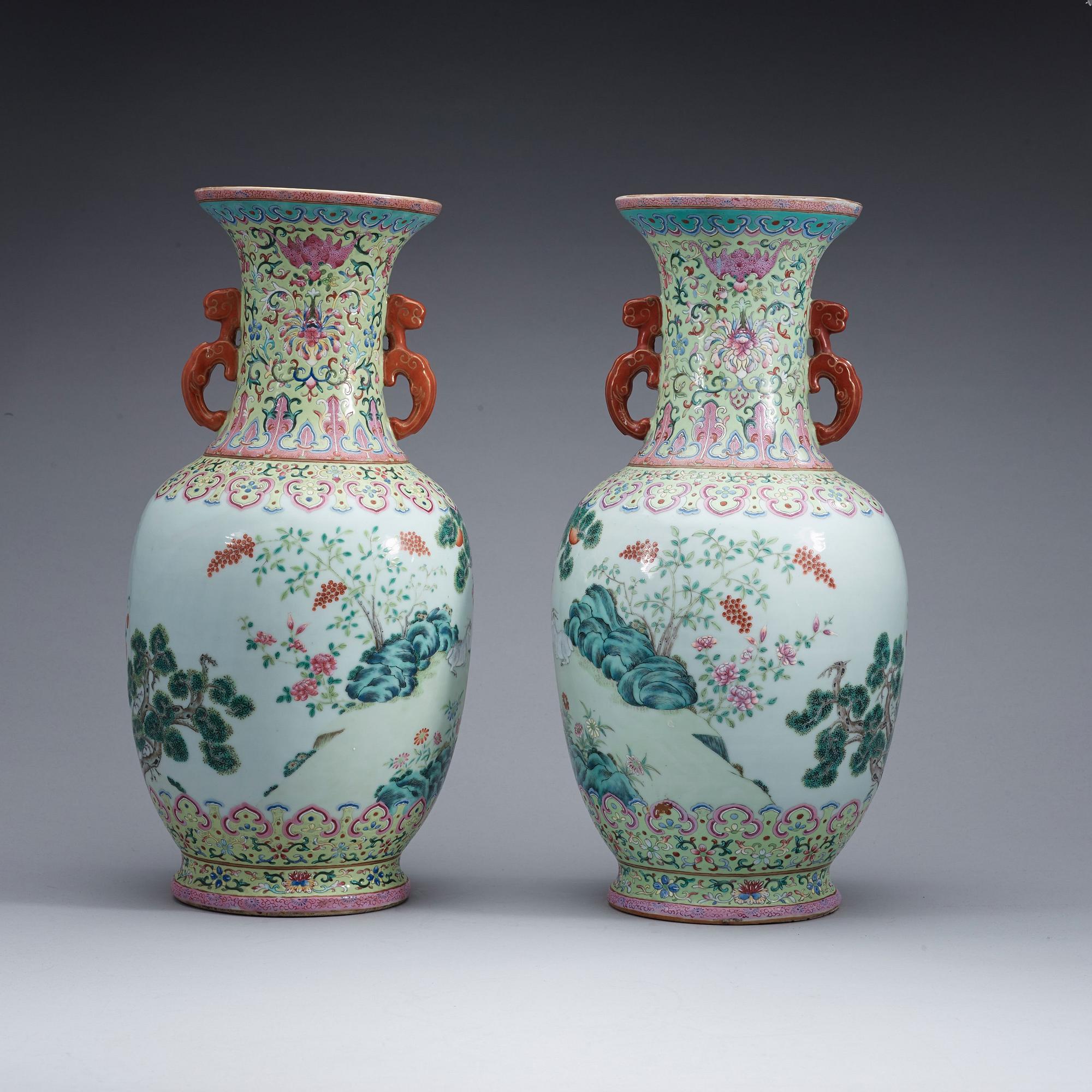A pair of famille rose vases, Qing dynasty with Qianlong seal mark.