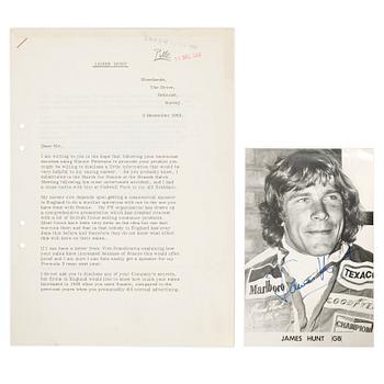 Signed letter from James Hunt to Smog Racing Division, 1969, together with a signed photograph of James Hunt.