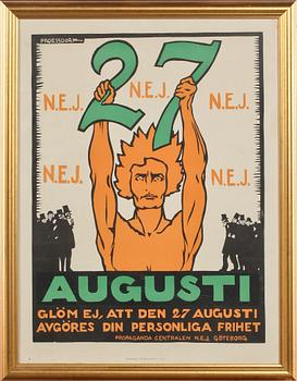FÖRBUDSAFFISCH, Alfred Proessdorf, utgiven av Propagandacentralen N.E.J, Göteborg, tryckta hos A. Lindgren & Söner, 1922