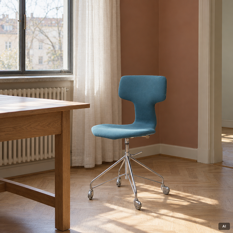 Arne Jacobsen, “T-chair”, model 3113, office chair with chromed metal and textile frame, Fritz Hansen, Denmark.