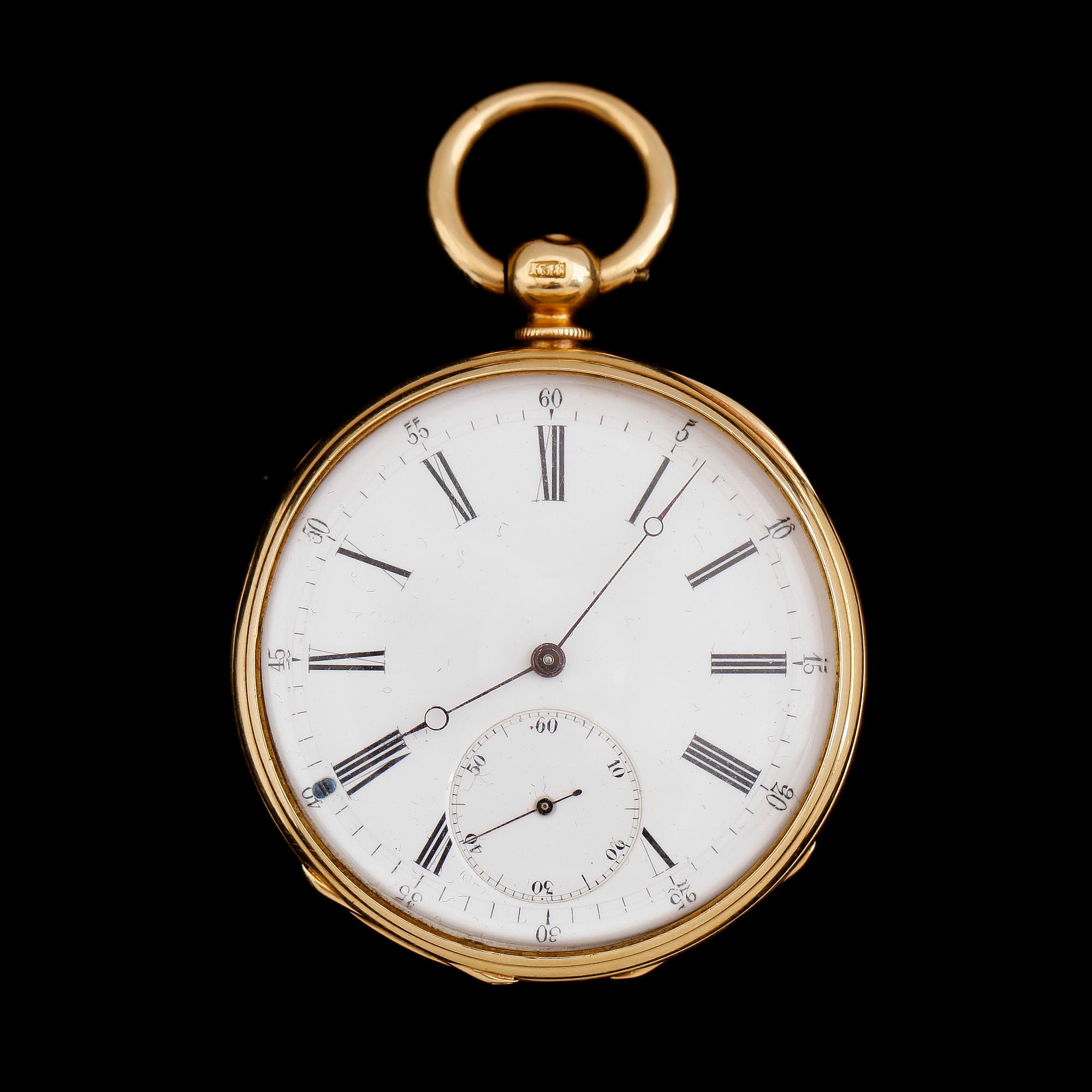 FICKUR, 18 k guld, 1800-/1900-tal. Total vikt inklusive urhus ca 78 g.