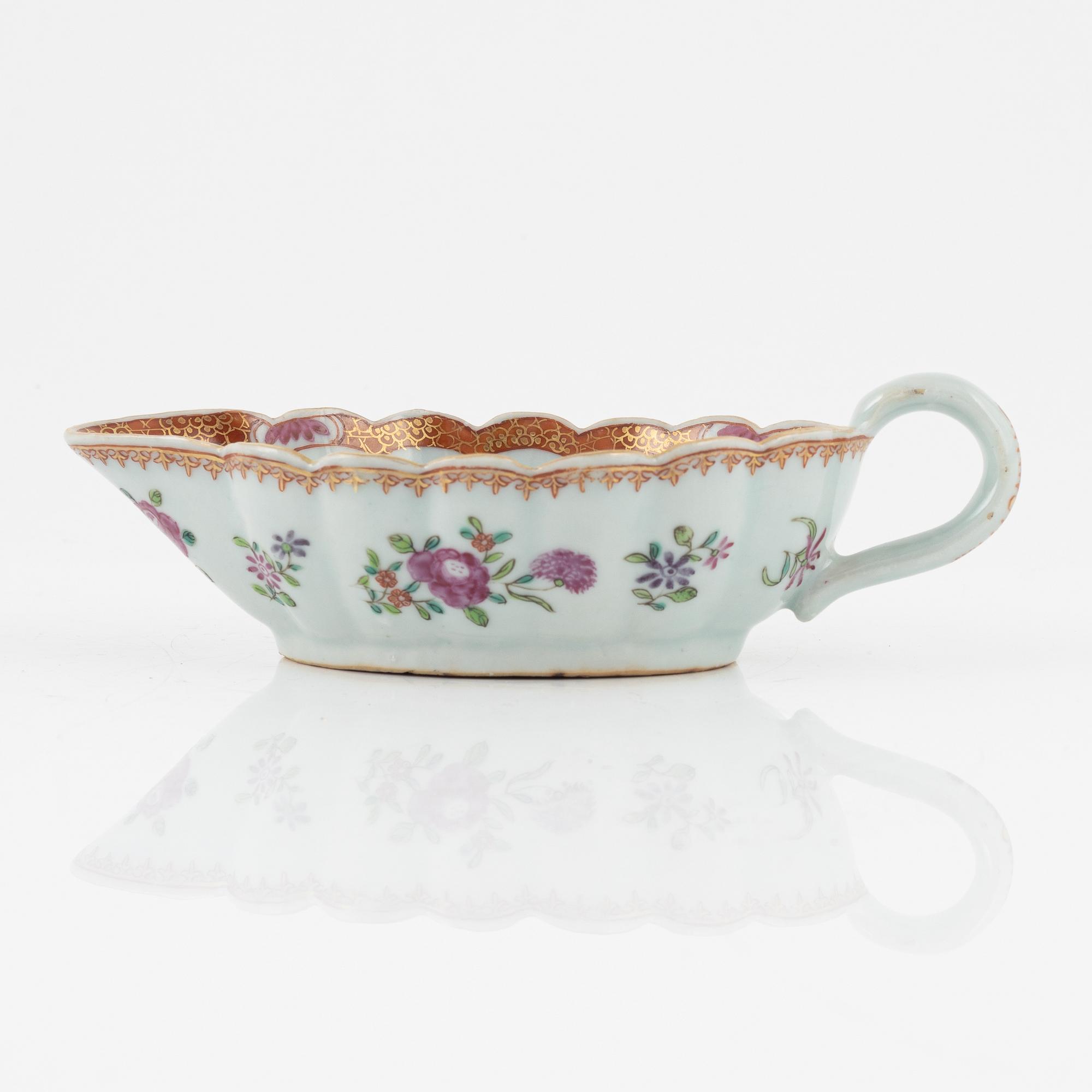 A famille rose dish, sauce boat and bowl, Qing dynasty, 18th Century.