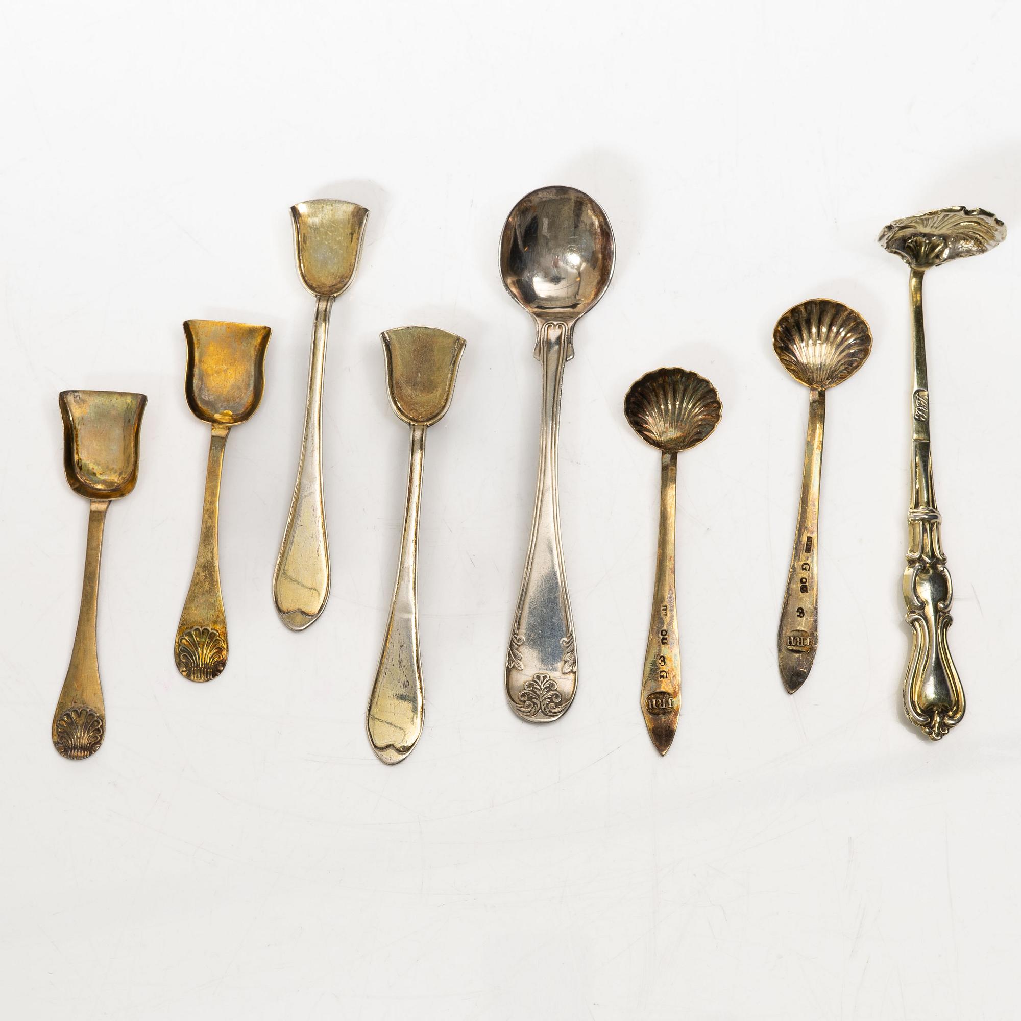 Butter dish, three pairs of salt spoons, and two mustard spoons, Sweden, 19th Century.