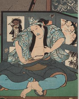 UTAGAWA KUNISADA (1786–1864), färgträsnitt, två stycken. Japan, 1800-tal, "Tale of Shiranui".