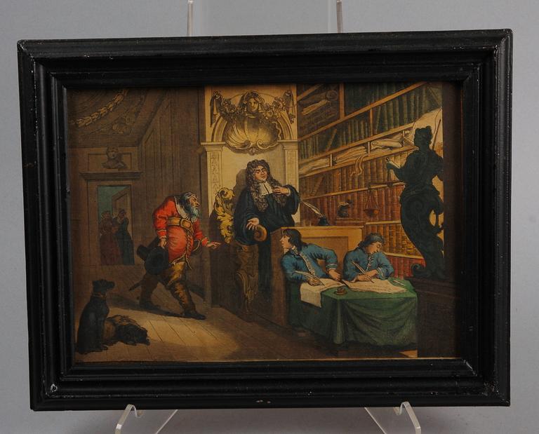 WILLIAM HOGARTH, efter, gravyrer, 9 st, handkolorerade, England 1700/1800.