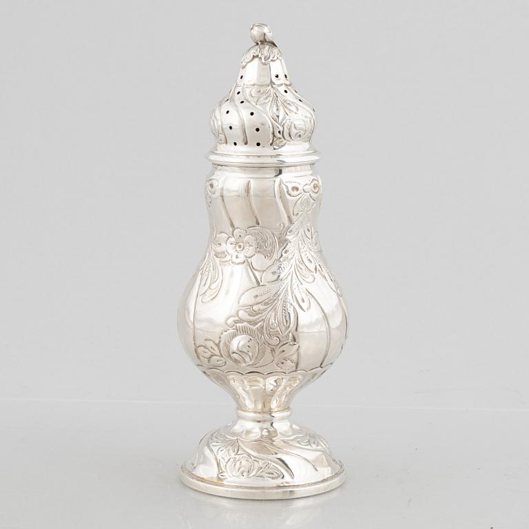 A Rococo style silver sugar caster, Swedish import marks, 20th Century.