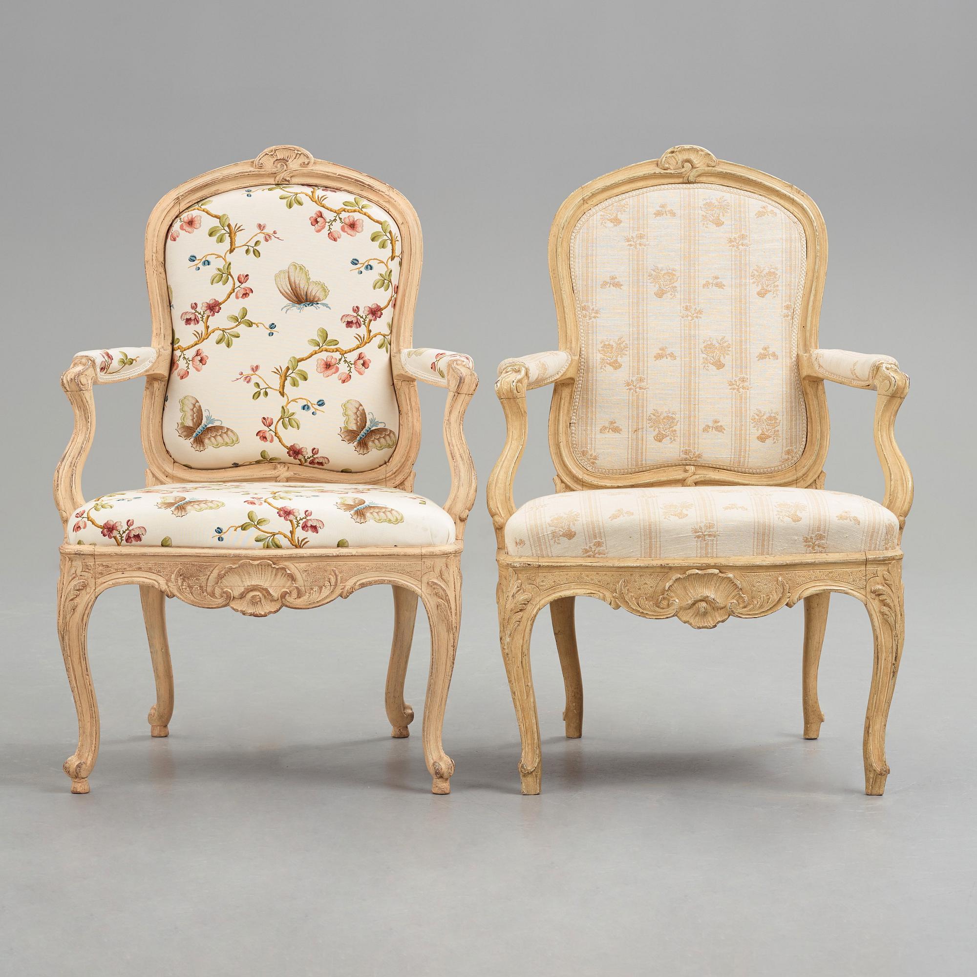 Two matched Swedish Rococo 18th century armchairs.
