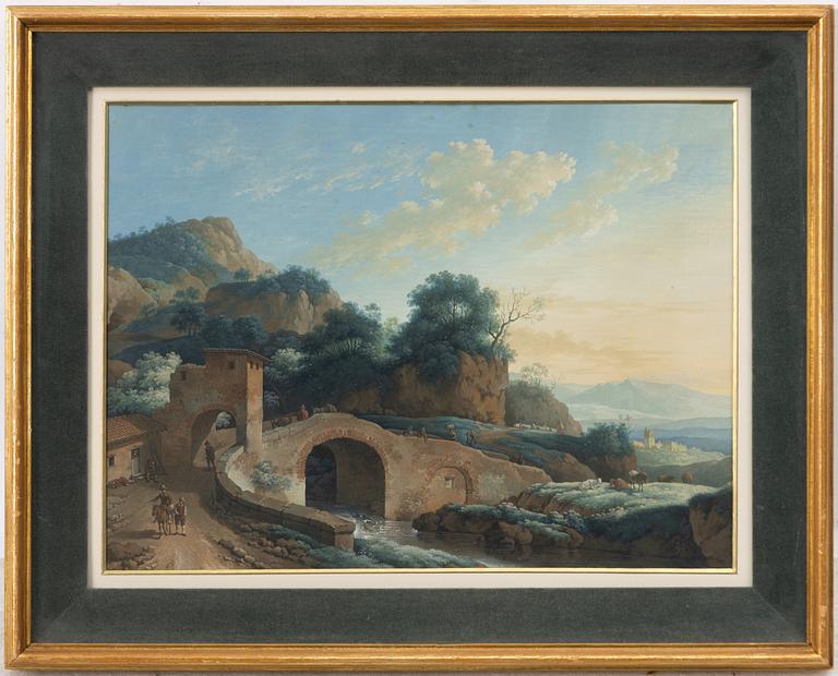 Jacob Philipp Hackert, tillskriven, A mountain landscape with a bridge over a river in the foreground.