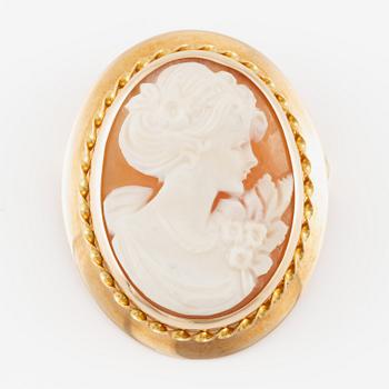 Örhängen och brosch/hänge, 14K guld med snäckskalscamé.