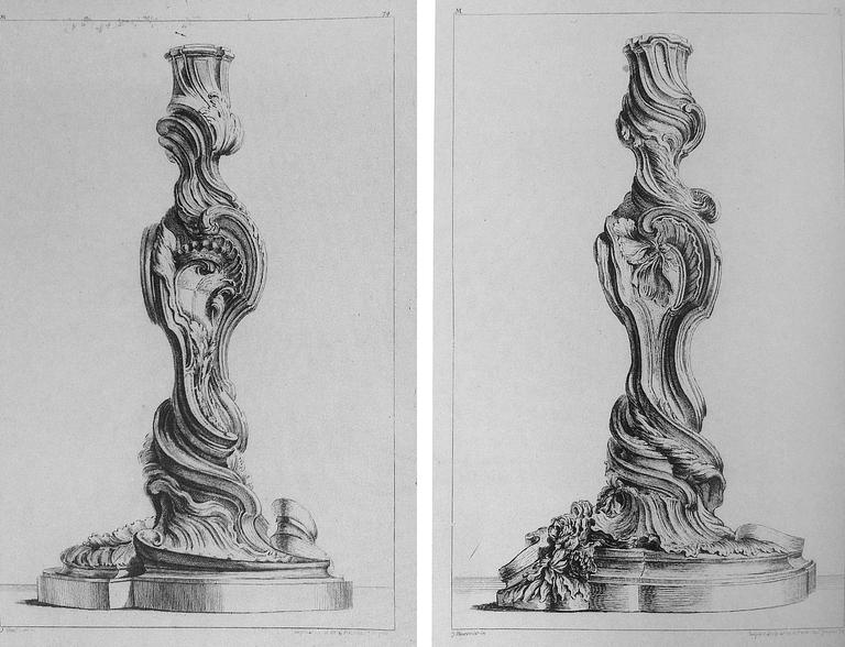 A pair of Louis XV 18th century gilt bronze candlesticks after the model by Juste-Aurèle Meissonnier.