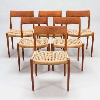 Niels Otto Møller, stolar, 6 st, modell 77, J.L. Møllers Møbelfabrik, Danmark, 1960-tal.