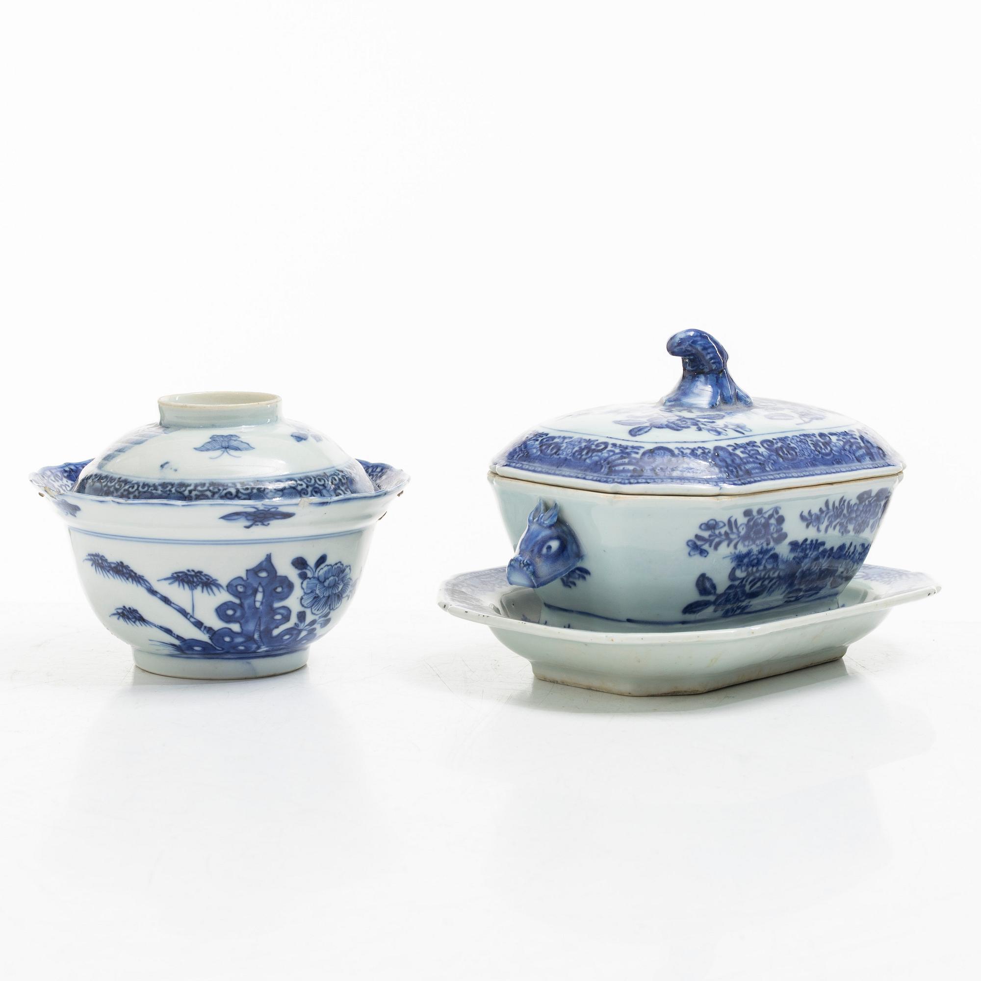 A blue and white butter dish with stand and cover, and a blue and white bowl with cover, China, Qianlong (1736-95).