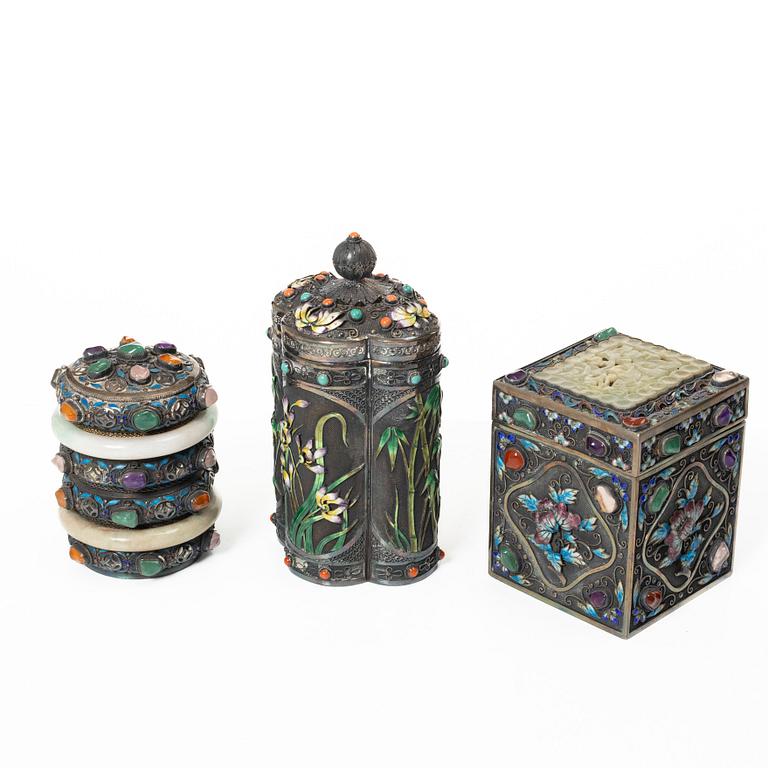 Three enamel and silver boxes, Tibet, first half of the 20th century.