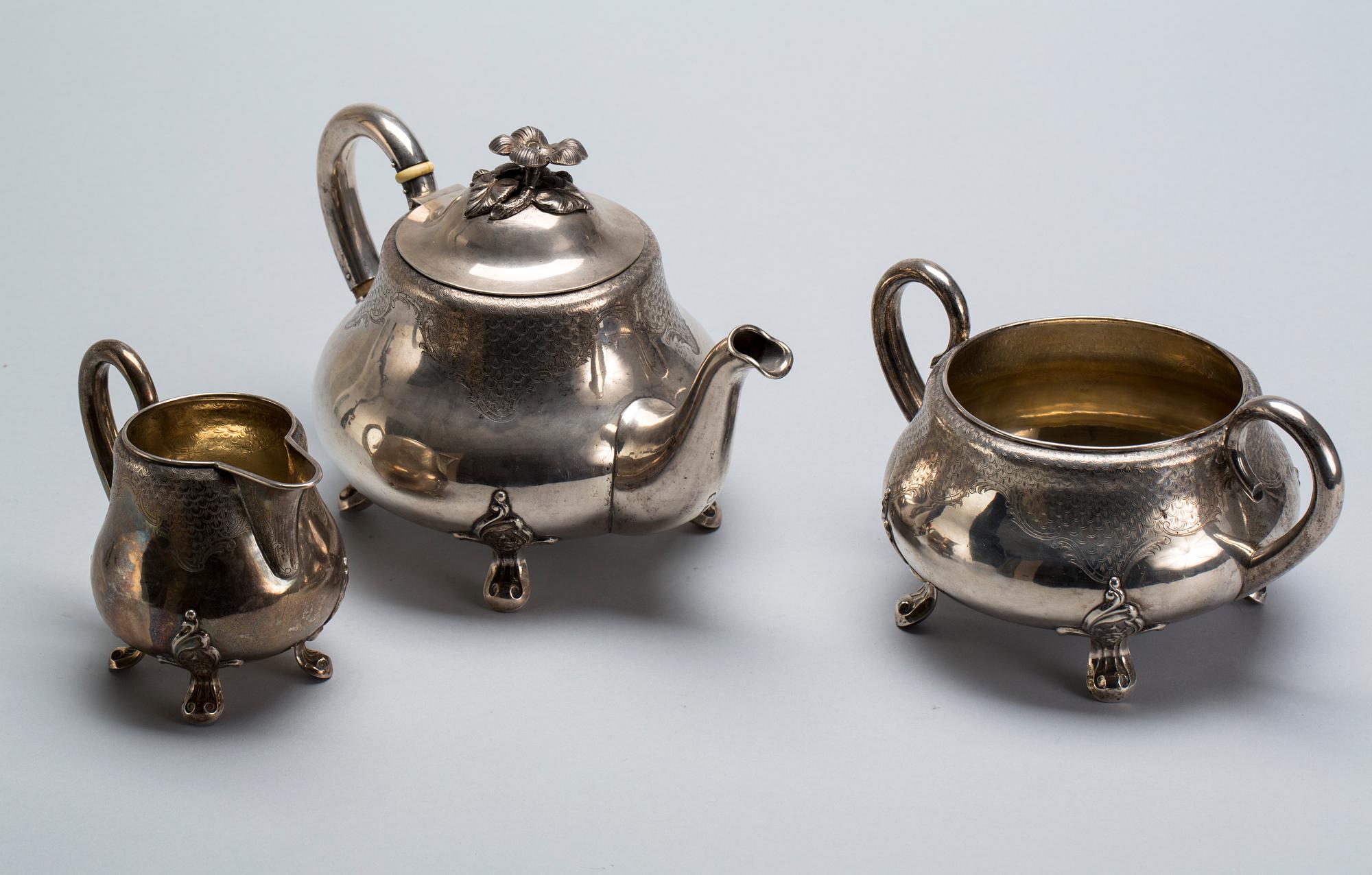 TESERVIS, 3 delar, silver, Peter Hertz, Köpenhamn, 1860, vikt ca 900g.