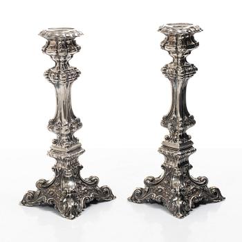 Gustaf Theodor Folcker, a pair of baroque style silver candle sticks, Stockholm, Sweden, 1846.