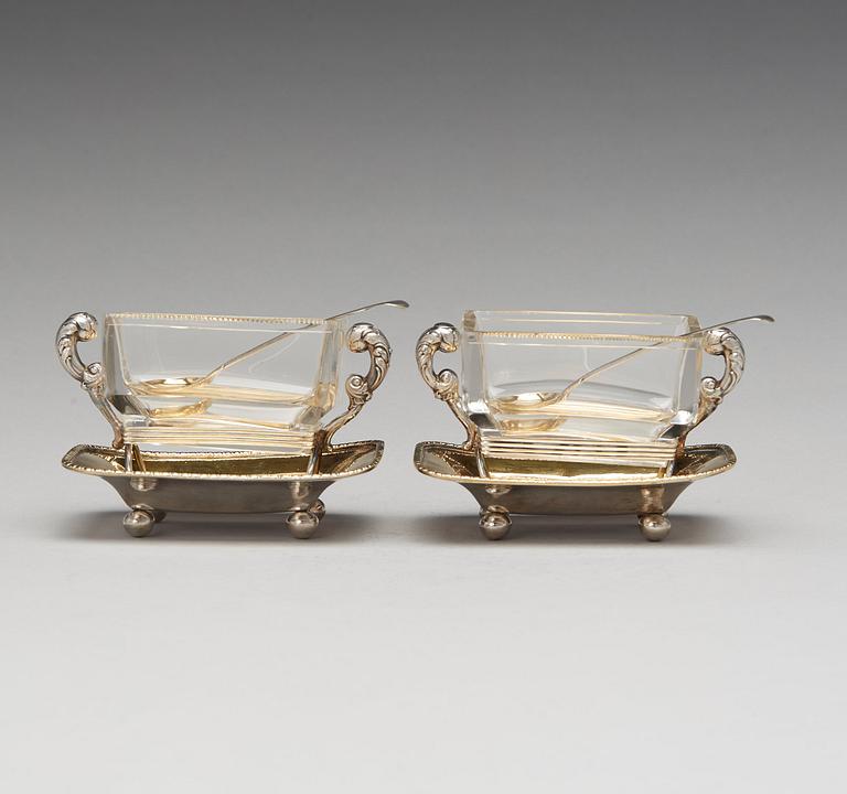 A pair of Swedish 19th century parcel-gilt silver and glass jelly-bowls, mark of Carl Tengstedt, Gothenburg 1839.