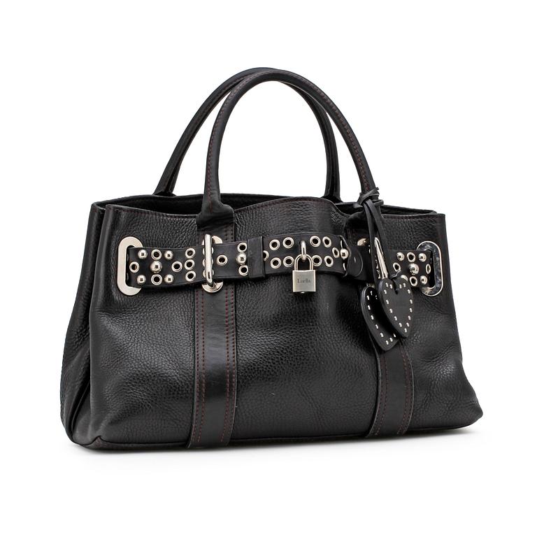 LUELLA BARTLEY, a black leather handbag.