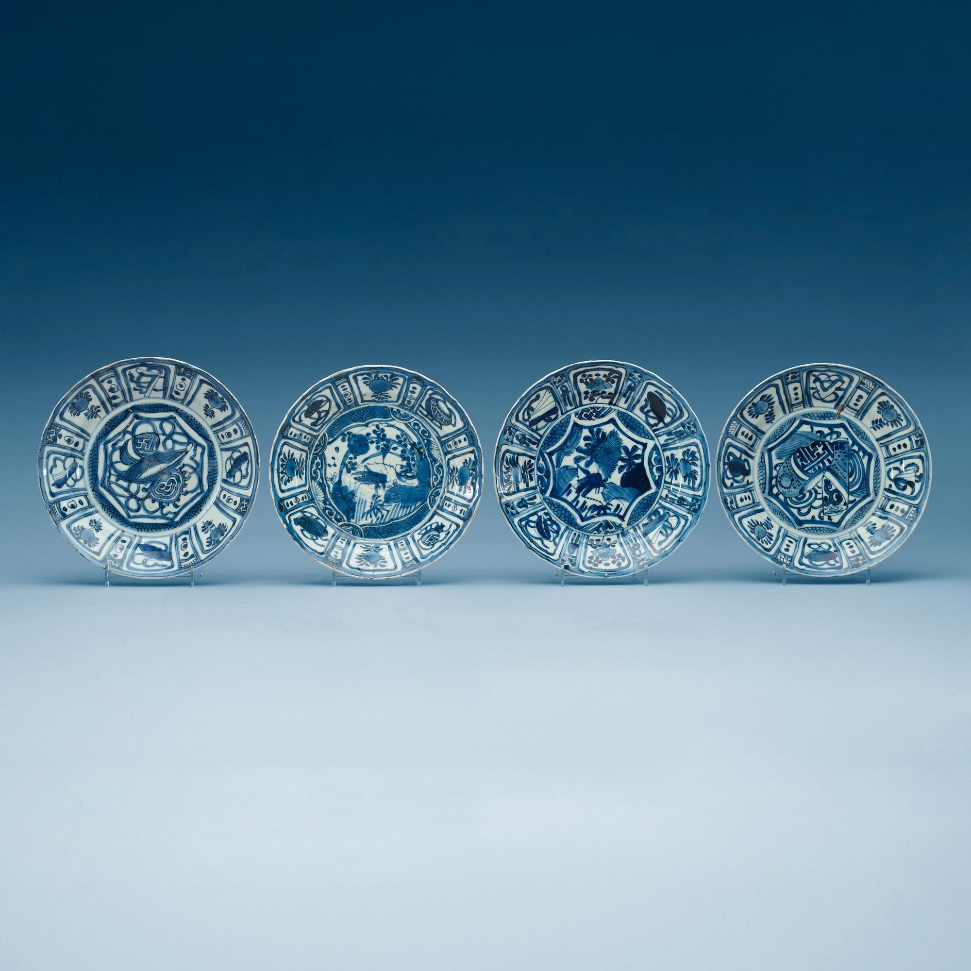 A set of four odd blue and white kraak dishes, Ming dynasty, Wanli (1572-1620).