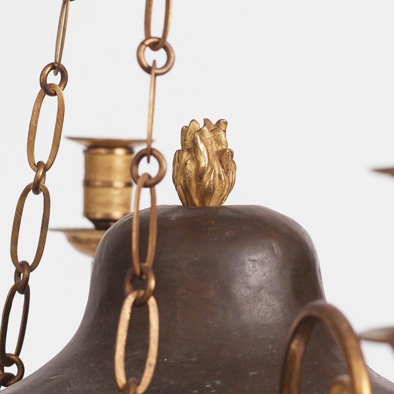 A late Gustavian ormolu and patinated bronze six-branch chandelier, Stockholm circa 1800.