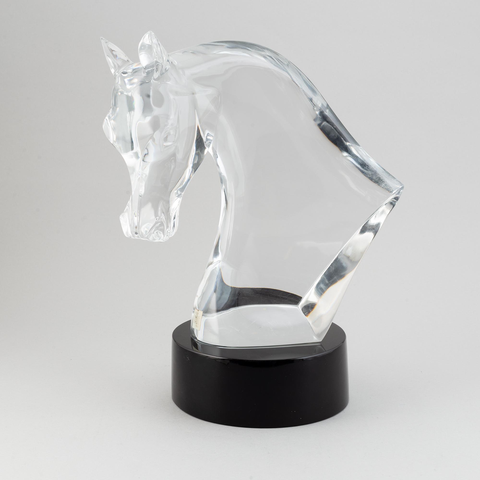 A Lalique Tête de Cheval Glass Horse Head Sculpture, signed.