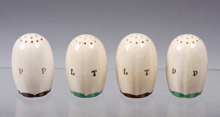 SALT o PEPPARSTRÖARE, 2 par, "Pyro Brun" samt "Pyro Grön", Wilhelm Kåge, Gustavsberg. Modell nr 166.