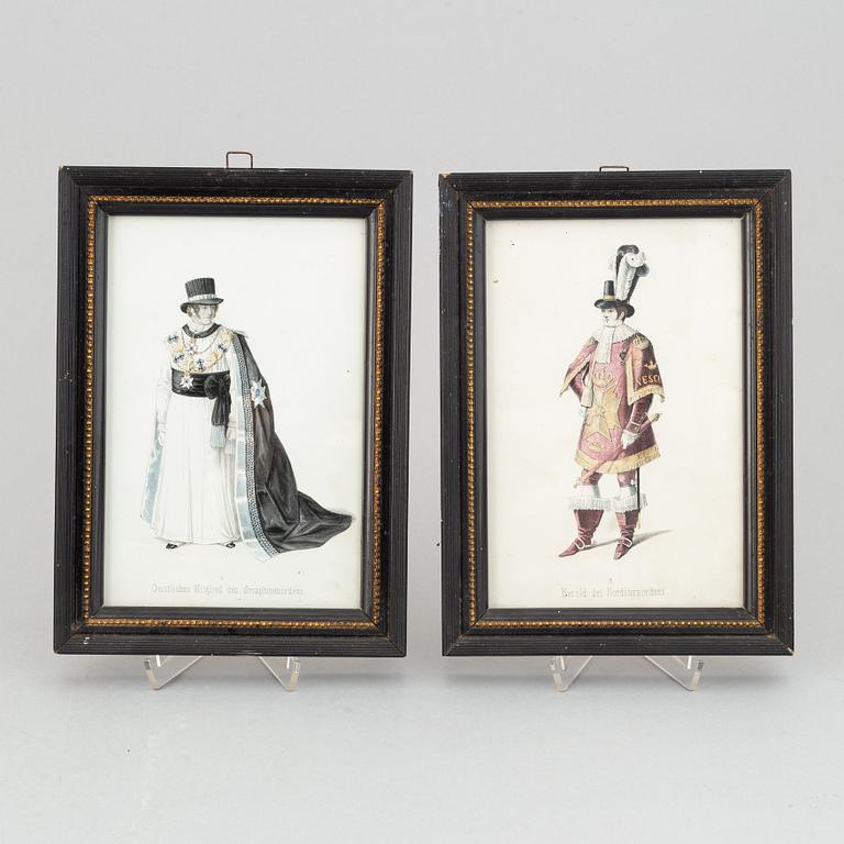 A set of twelwe hand-coloured litographs of Swedish chivalric orders by Adolf Ulrik Schützercrantz.