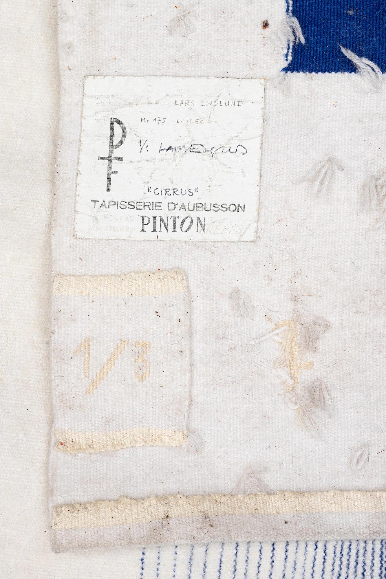 Lars Englund, a 'Cirrus' tapestry, c. 438 x 171 cm, Pinton Frères, Aubusson, signed Lars Englund, numbered 1 / 3.