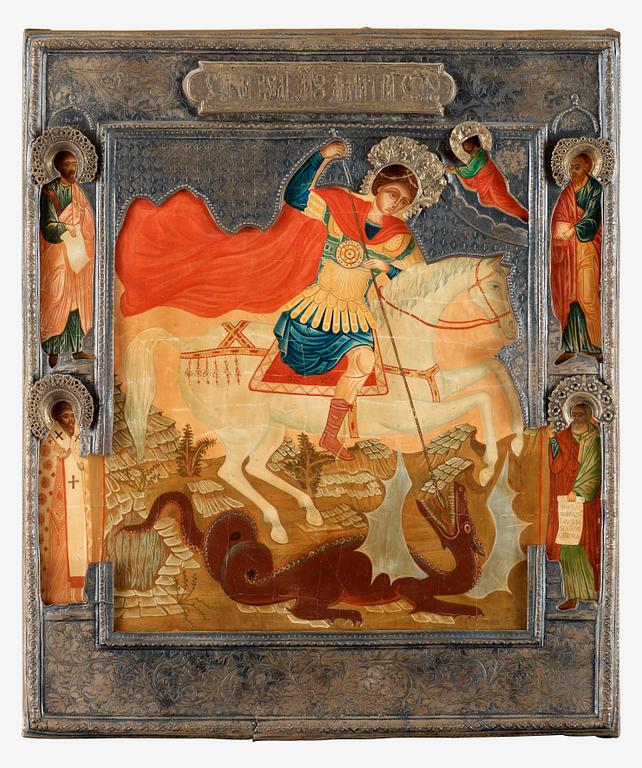 A Russian 19th century parcel-gilt icon of St. George and the dragon with saints, St. Petersburg 1836.