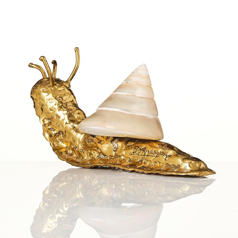 Jacques Duval-Brasseur, skulptur, snigel i brons med snäcka, Frankrike, 1970-tal.