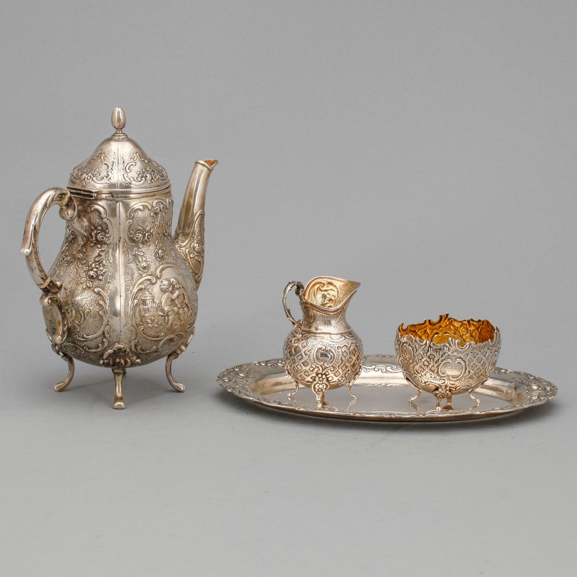 KAFFESERVIS, 4 delar, silver, rokokostil, bla Tyskland, svenska importstämplar. Tot ca 570 gram.