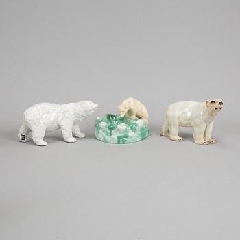 Three ceramic polar bears, Rörstrand, Jie Gantofta and Syco, Sweden.