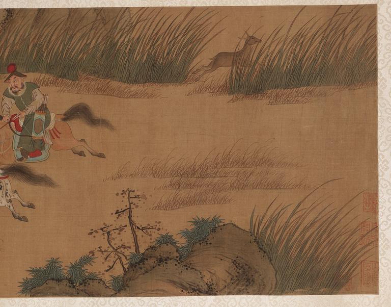 A fine handscroll of hunting scenes and with calligraphy, Qing dynasty.