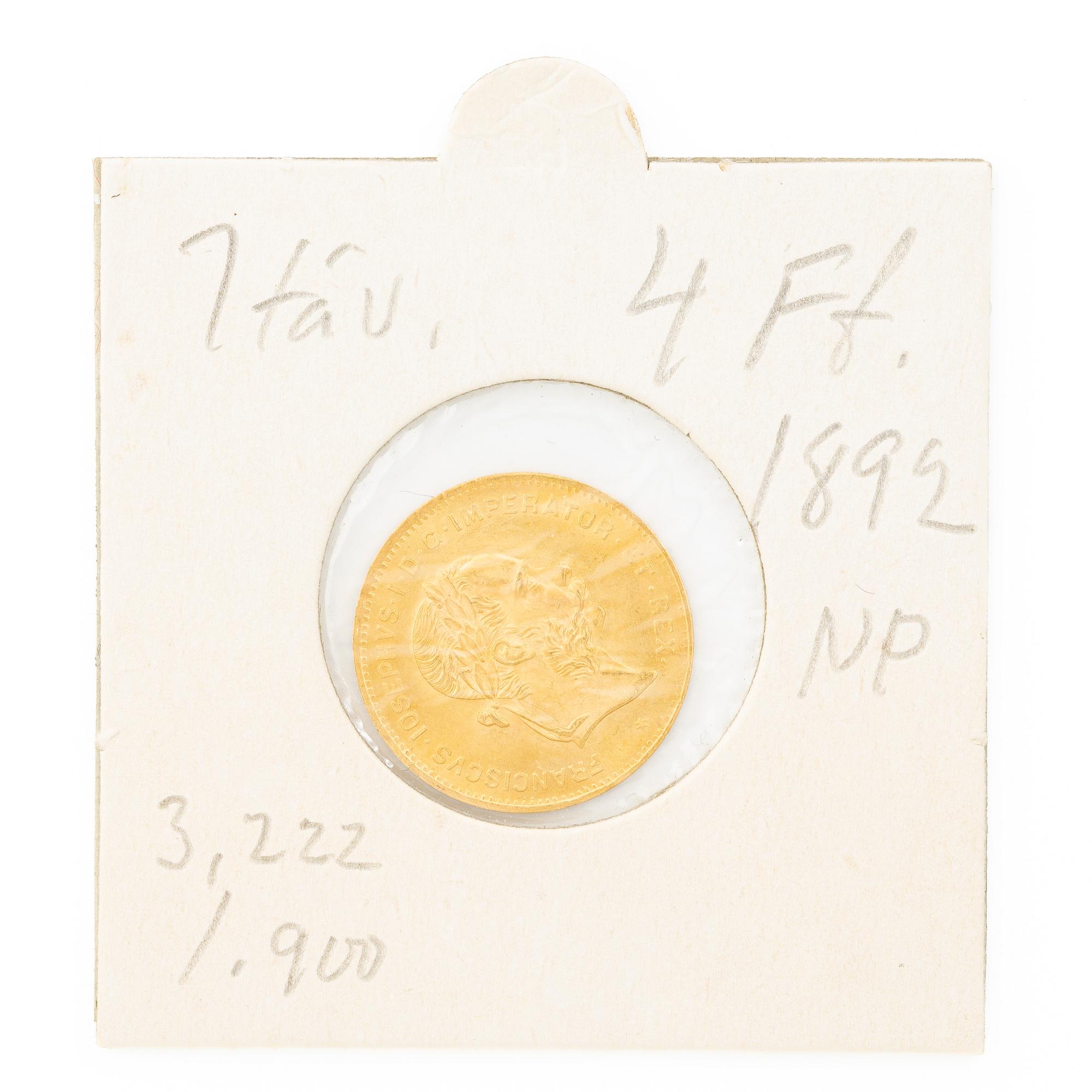 Guldmynt, Österrike, 4 Floriner 10 Franc, 1892.