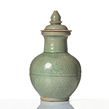 A celadon glazed jar with cover, Yuan dynasty (1271-1368).