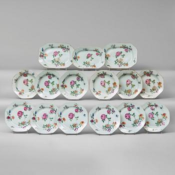 247. A part famille rose dinner service, Qing dynasty, Qianlong (1736-95). (15 pieces).