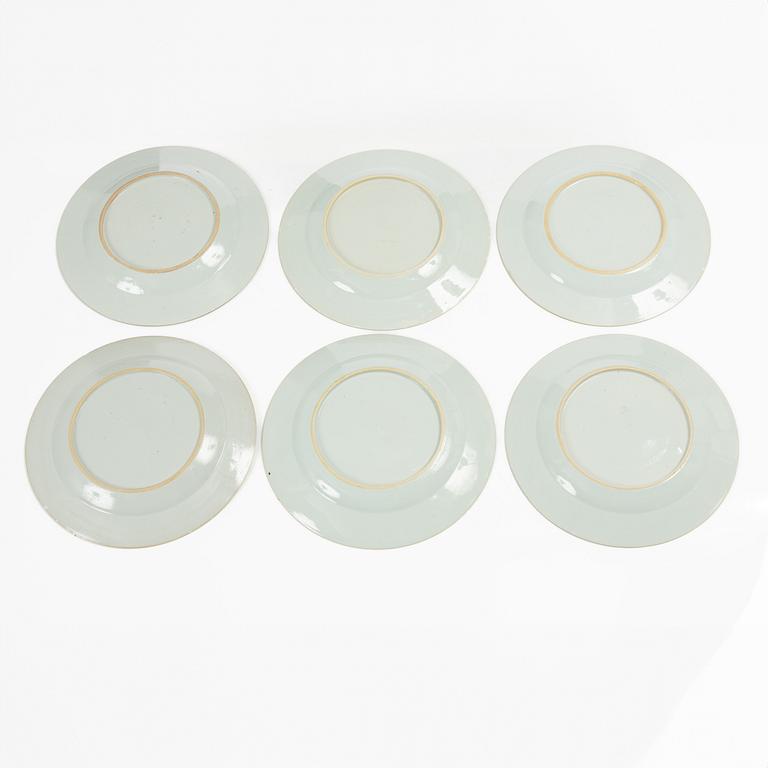 A group of six Chinese blue and white export porcelain plates, Qing dynasty, 18th century.