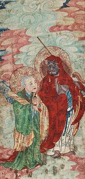 A group of 10 paintings of a Buddhist pantheon with Buddha, Arhats/Louhans and a guardian, Qing dynasty 18/19th Century.