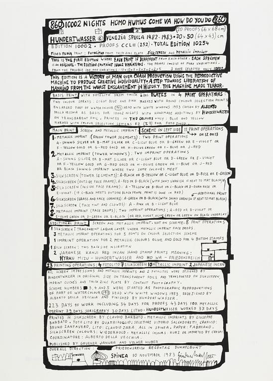 Friedensreich Hundertwasser, photo lithograph and silk screen with metal embossing, 1984. Signed and numbered 4376/10002.