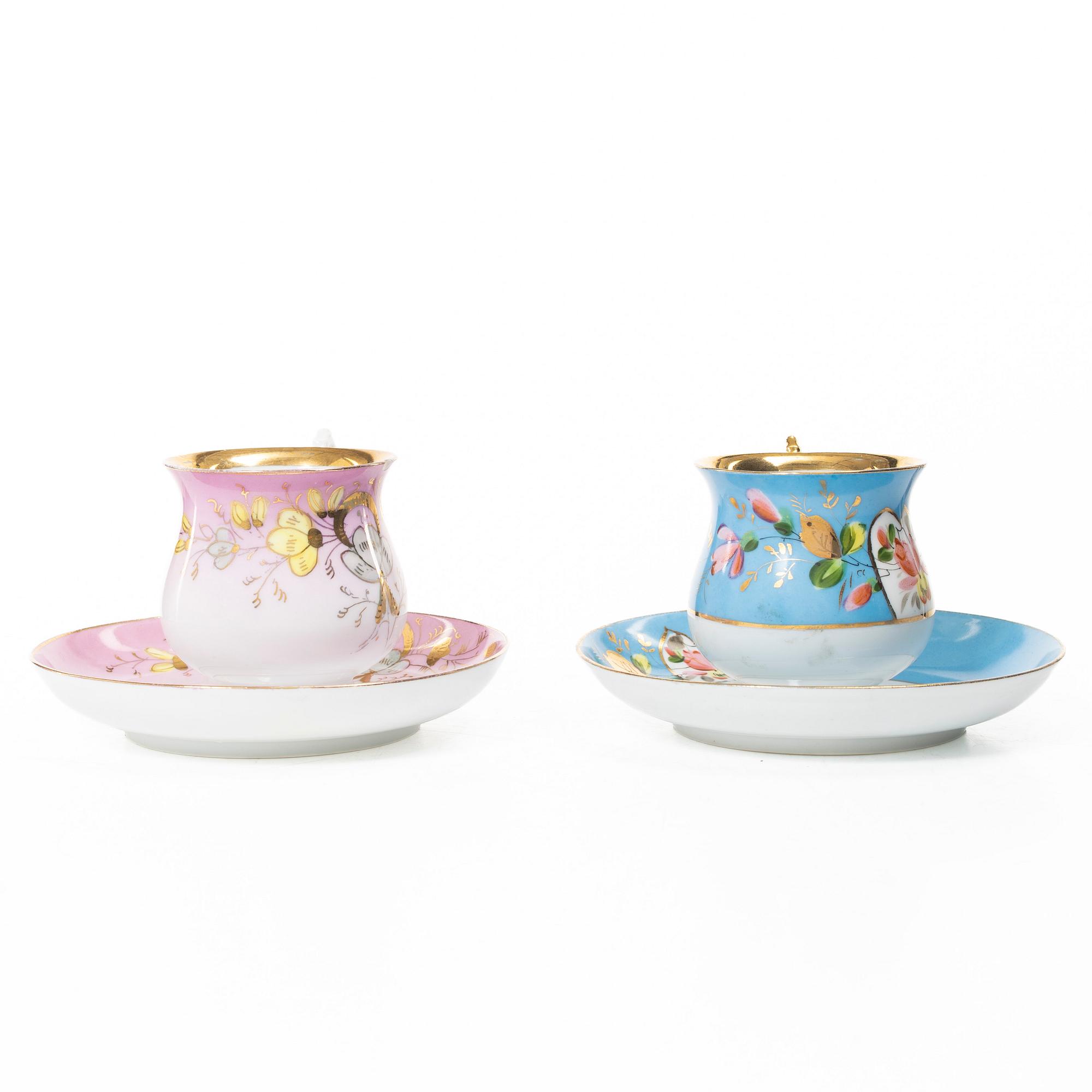 Ten porcelain cups and saucers, Kusnetsov Porcelain Factory, Russia, circa 1900.