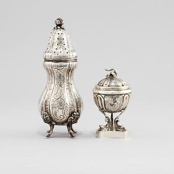 SOCKERRUSKA samt SALTKAR, silver, 1900-tal. Vikt 510 g.
