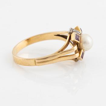 Gold, cultured pearl, rose cut diamond and ruby ring.